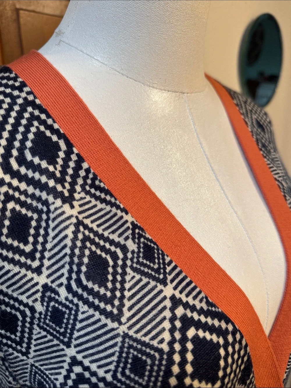 Tory Burch Navy, Cream and Coral Geometric Button Cardigan Size M